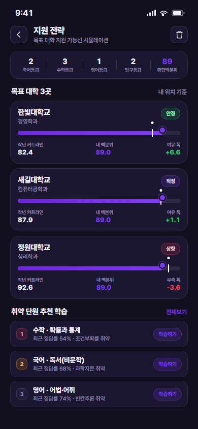 프렙메이트 — 수험생 성적 분석·입시 관리 앱 화면